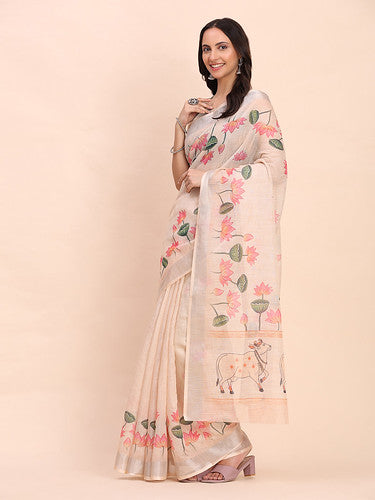 peach canvas of culture linen cotton saree