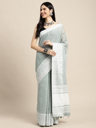 grace sea green linen saree