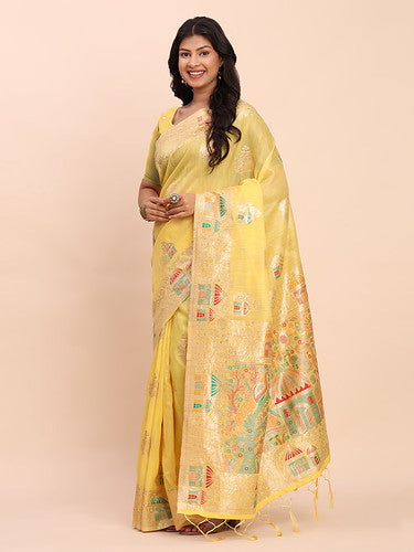 Yellow Linen Saree with Multicolor Weaving & Zari Pallu – Elegant & Lightweight for Everyday Grace