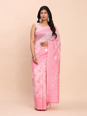 Banarasi Cotton Saree with Floral Zari Work and Traditional Pallu - Elegant Ethnic Wear for Festivals & Ceremonies