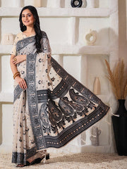Elegant Woven Linen Cotton Saree for Durga Puja & Diwali | Ethnic Motif Design with Rich Zari Border | Soft, Breathable, Festive-Ready Traditional Drape