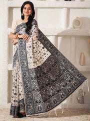 Elegant Woven Linen Cotton Saree for Durga Puja & Diwali | Ethnic Motif Design with Rich Zari Border | Soft, Breathable, Festive-Ready Traditional Drape
