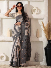 Elegant Woven Linen Cotton Saree for Durga Puja & Diwali | Ethnic Motif Design with Rich Zari Border | Soft, Breathable, Festive-Ready Traditional Drape
