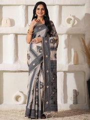 Elegant Woven Linen Cotton Saree for Durga Puja & Diwali | Ethnic Motif Design with Rich Zari Border | Soft, Breathable, Festive-Ready Traditional Drape
