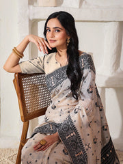 Elegant Woven Linen Cotton Saree for Durga Puja & Diwali | Ethnic Motif Design with Rich Zari Border | Soft, Breathable, Festive-Ready Traditional Drape