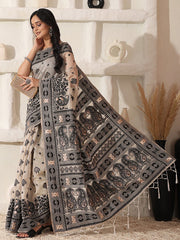 Elegant Woven Linen Cotton Saree for Durga Puja & Diwali | Ethnic Motif Design with Rich Zari Border | Soft, Breathable, Festive-Ready Traditional Drape