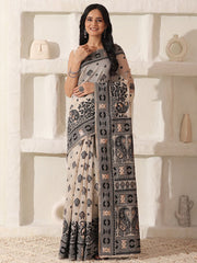 Elegant Woven Linen Cotton Saree for Durga Puja & Diwali | Ethnic Motif Design with Rich Zari Border | Soft, Breathable, Festive-Ready Traditional Drape