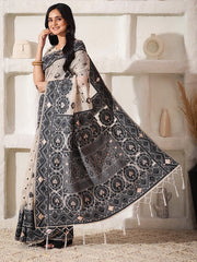 Elegant Woven Linen Cotton Saree for Durga Puja & Diwali | Ethnic Motif Design with Rich Zari Border | Soft, Breathable, Festive-Ready Traditional Drape