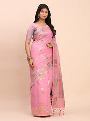 Linen Saree with Multicolor Weaving & Zari Pallu - Elegant & Lightweight for Everyday Grace