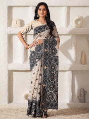 Elegant Woven Linen Cotton Saree for Durga Puja & Diwali | Ethnic Motif Design with Rich Zari Border | Soft, Breathable, Festive-Ready Traditional Drape
