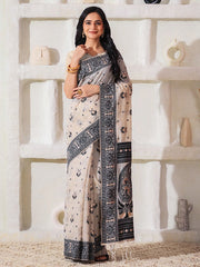 Elegant Woven Linen Cotton Saree for Durga Puja & Diwali | Ethnic Motif Design with Rich Zari Border | Soft, Breathable, Festive-Ready Traditional Drape