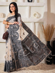 block print linen cotton saree