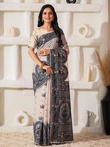 block print linen cotton saree