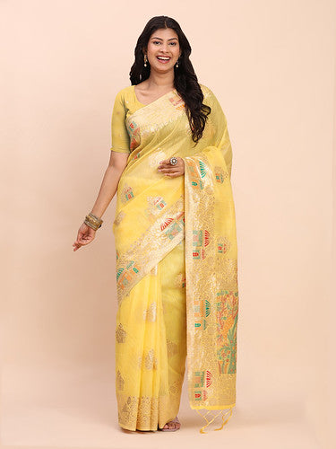 Yellow Linen Saree with Multicolor Weaving & Zari Pallu – Elegant & Lightweight for Everyday Grace
