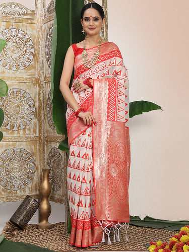Premium Woven Linen Cotton Saree with Traditional Zari Border - Elegant Festive Look Perfect for Durga Puja, Navratri & Bengali Celebrations