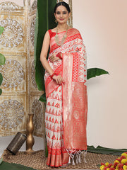 Premium Woven Linen Cotton Saree with Traditional Zari Border - Elegant Festive Look Perfect for Durga Puja, Navratri & Bengali Celebrations