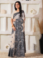 block print linen cotton saree