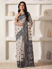 Elegant Woven Linen Cotton Saree for Durga Puja & Diwali | Ethnic Motif Design with Rich Zari Border | Soft, Breathable, Festive-Ready Traditional Drape