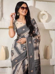 Elegant Woven Linen Cotton Saree for Durga Puja & Diwali | Ethnic Motif Design with Rich Zari Border | Soft, Breathable, Festive-Ready Traditional Drape