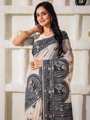block print linen cotton saree