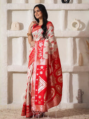Elegant Woven Linen Cotton Saree for Durga Puja & Diwali | Ethnic Motif Design with Rich Zari Border | Soft, Breathable, Festive-Ready Traditional Drape