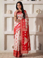 Elegant Woven Linen Cotton Saree for Durga Puja & Diwali | Ethnic Motif Design with Rich Zari Border | Soft, Breathable, Festive-Ready Traditional Drape