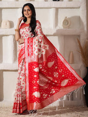 Elegant Woven Linen Cotton Saree for Durga Puja & Diwali | Ethnic Motif Design with Rich Zari Border | Soft, Breathable, Festive-Ready Traditional Drape