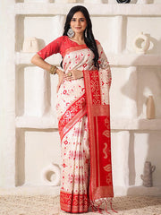 Elegant Woven Linen Cotton Saree for Durga Puja & Diwali | Ethnic Motif Design with Rich Zari Border | Soft, Breathable, Festive-Ready Traditional Drape