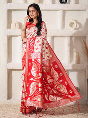 Elegant Woven Linen Cotton Saree for Durga Puja & Diwali | Ethnic Motif Design with Rich Zari Border | Soft, Breathable, Festive-Ready Traditional Drape