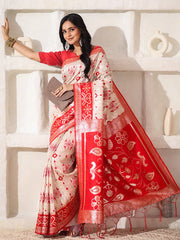 Elegant Woven Linen Cotton Saree for Durga Puja & Diwali | Ethnic Motif Design with Rich Zari Border | Soft, Breathable, Festive-Ready Traditional Drape