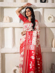 Elegant Woven Linen Cotton Saree for Durga Puja & Diwali | Ethnic Motif Design with Rich Zari Border | Soft, Breathable, Festive-Ready Traditional Drape