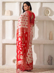 Elegant Woven Linen Cotton Saree for Durga Puja & Diwali | Ethnic Motif Design with Rich Zari Border | Soft, Breathable, Festive-Ready Traditional Drape