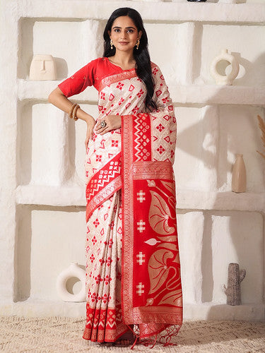 Elegant Woven Linen Cotton Saree for Durga Puja & Diwali | Ethnic Motif Design with Rich Zari Border | Soft, Breathable, Festive-Ready Traditional Drape