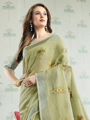 Elegant Linen Cotton Saree with Rich Zari Border | Premium Festive Wear