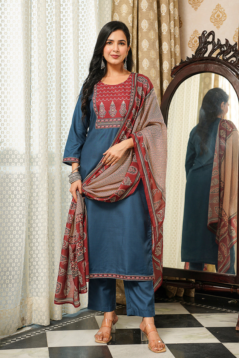 blue rayon blend ajrakh printed straight kurta trousers with dupatta