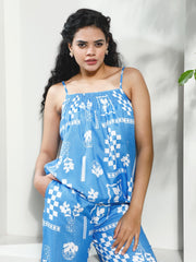 athena smocked printed linen top with trouser