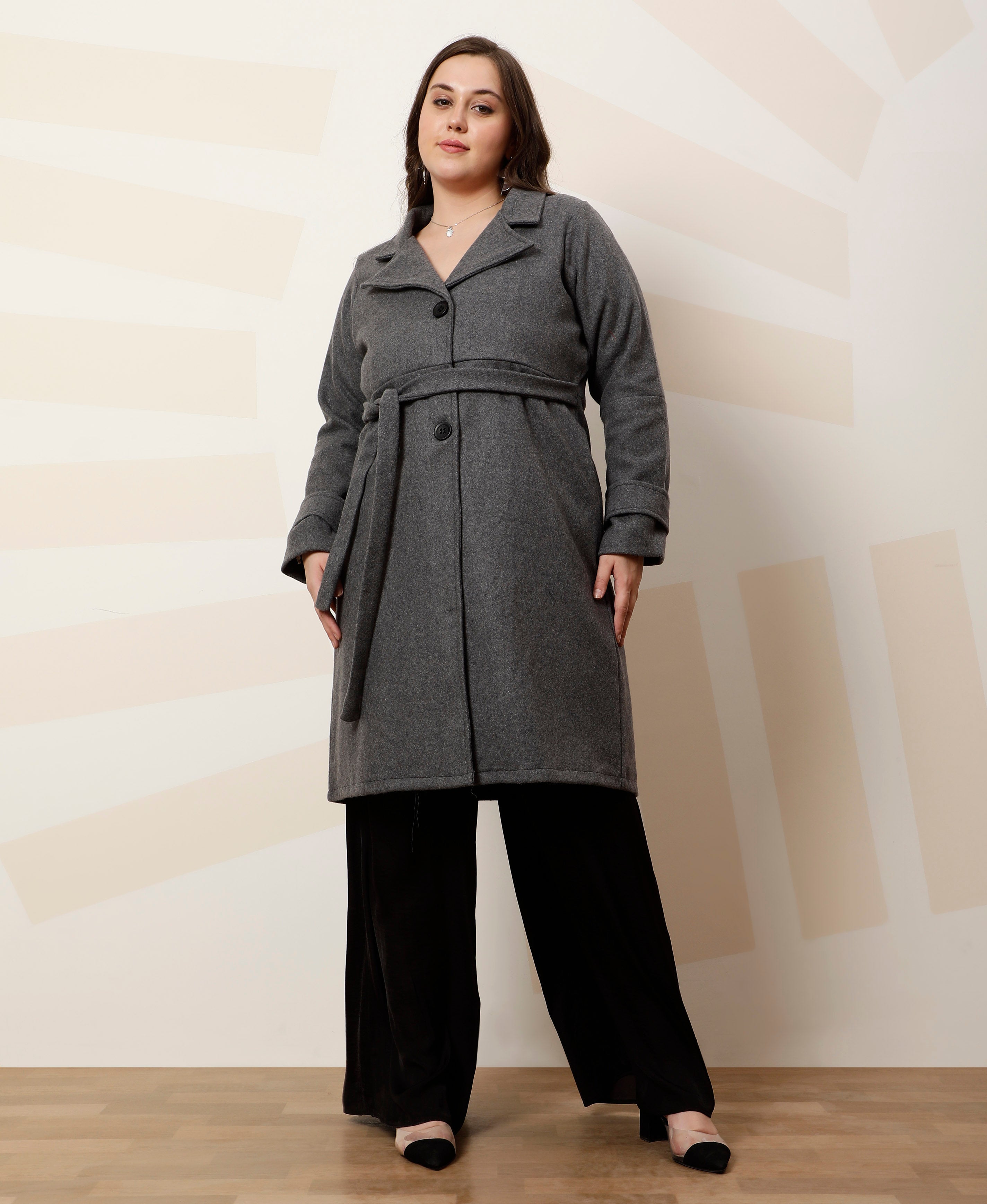 athena ample plus size solid notched lapel longline overcoat with tie up waist 2