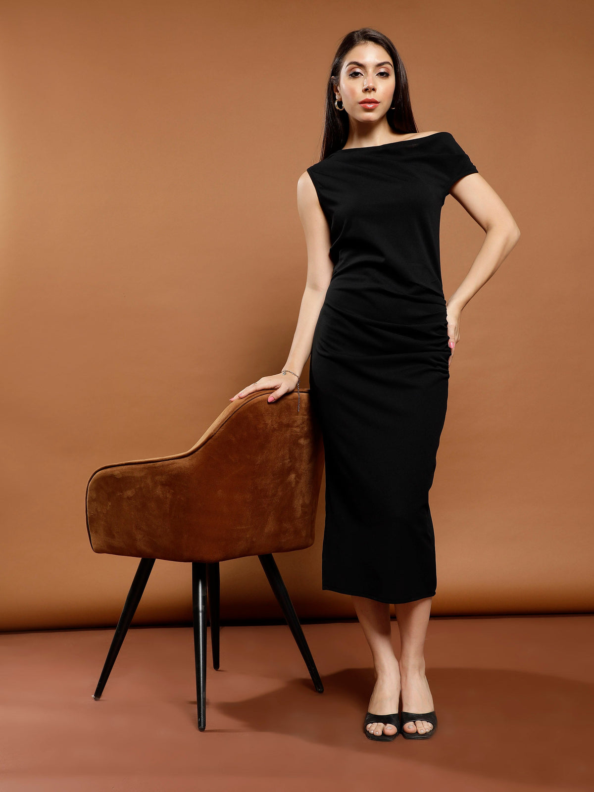 athena women solid off shoulder bodycon midi dress