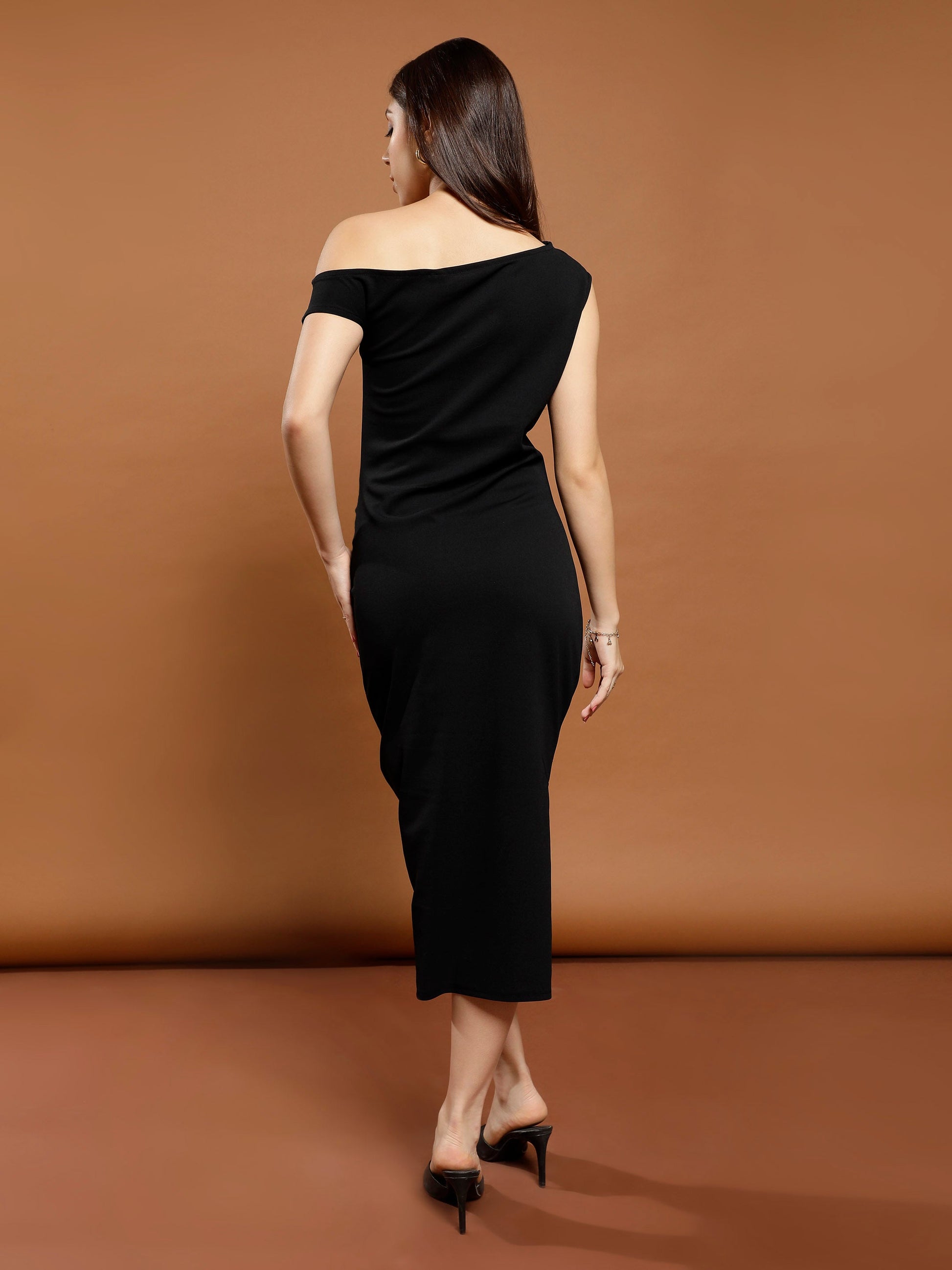 athena women solid off shoulder bodycon midi dress