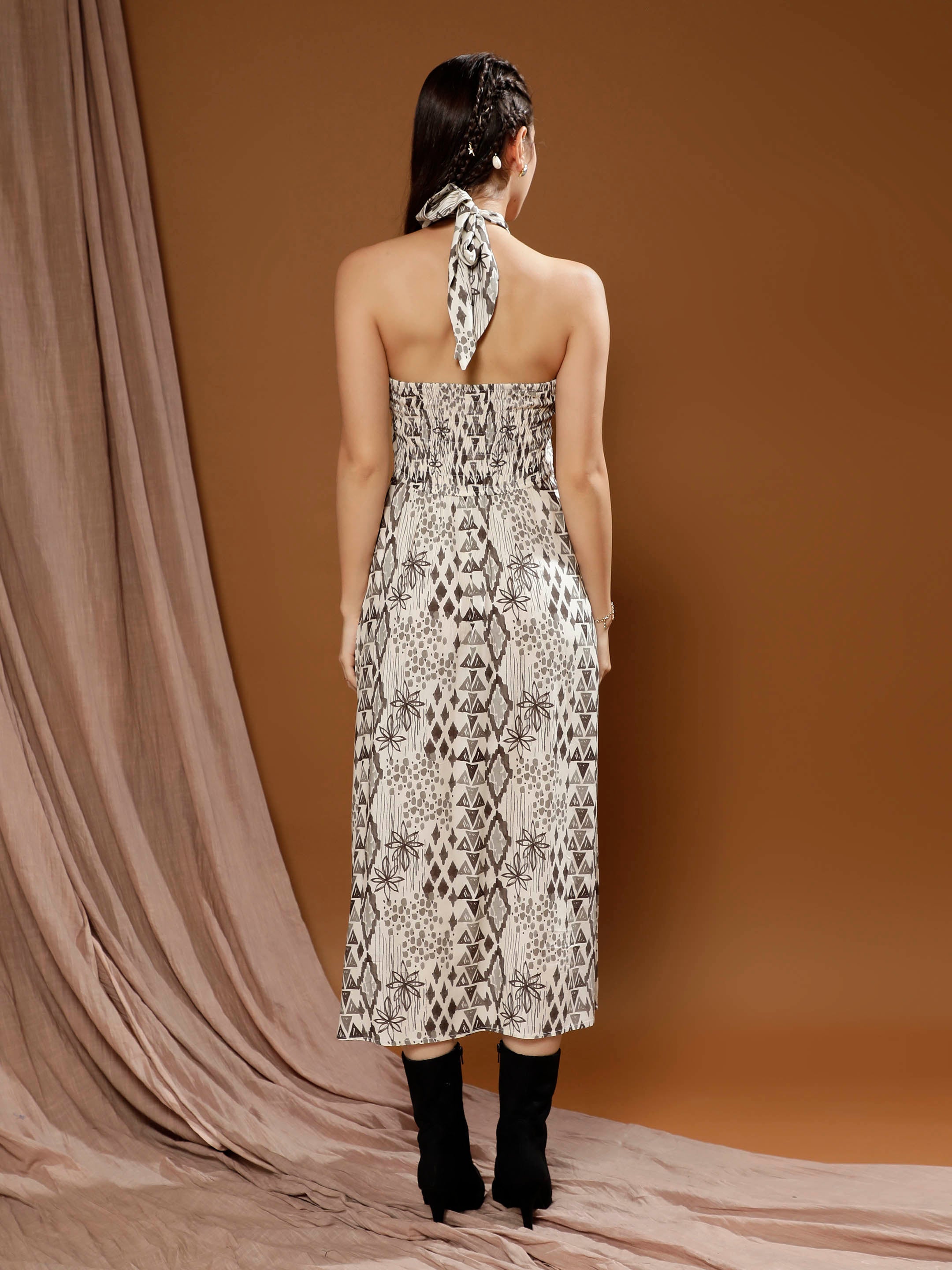 bohemian print halter neck a line midi dress 1
