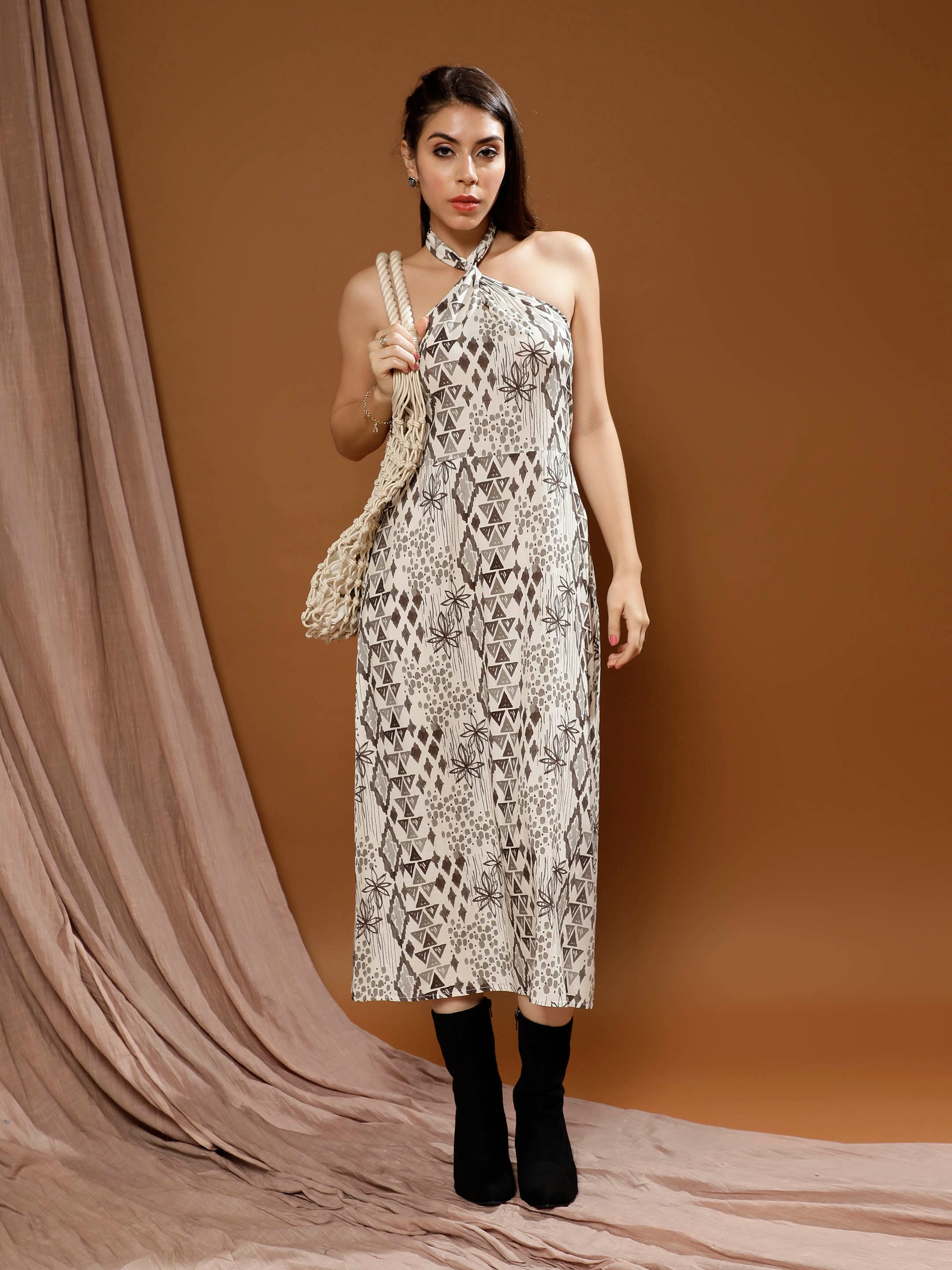 bohemian print halter neck a line midi dress 1