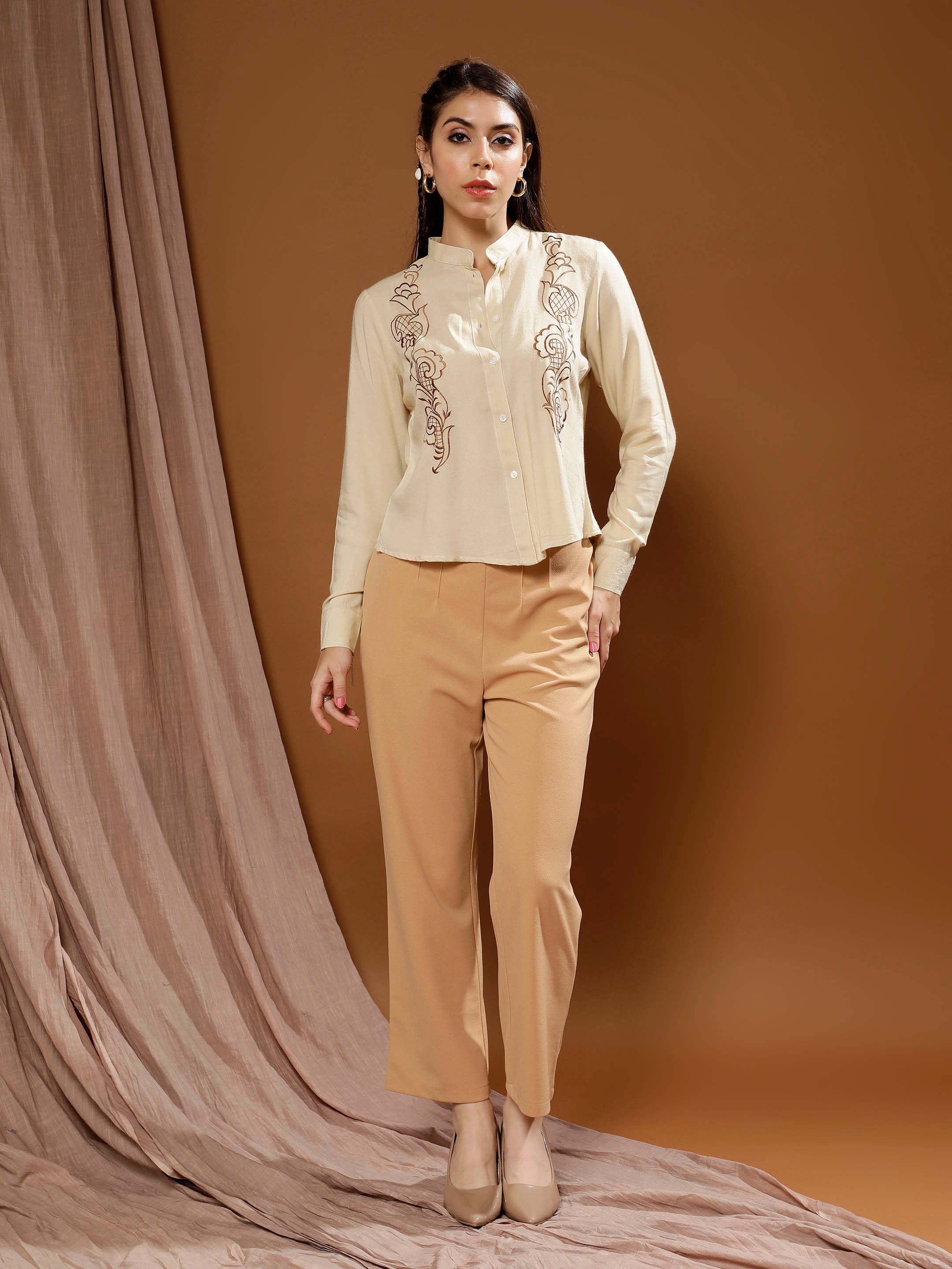 embroidered mandarin collar cotton top 1
