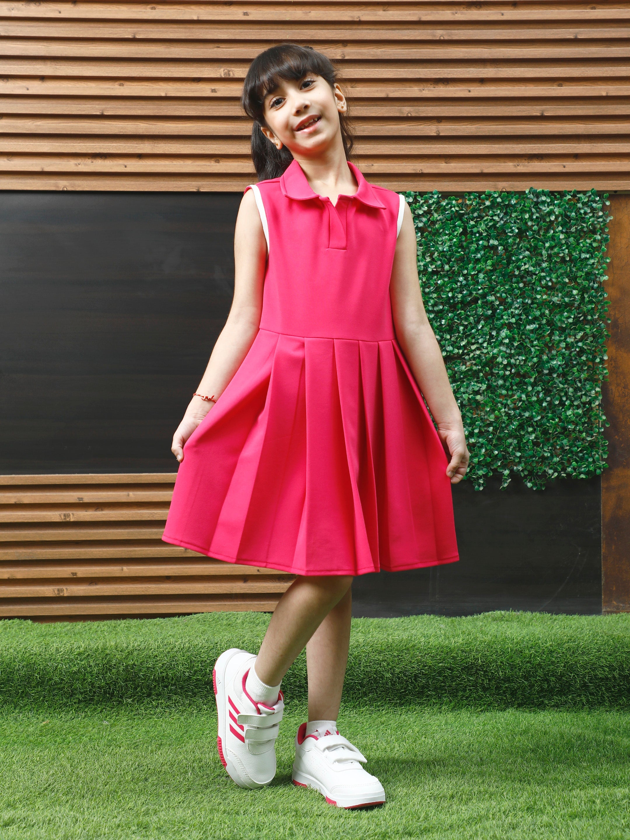 athena fuschia solid pleated dress