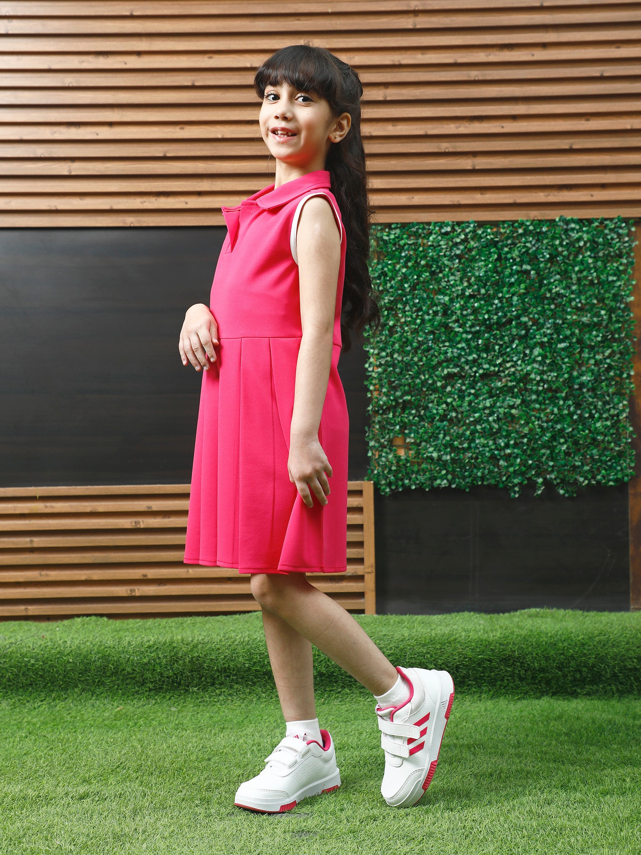 athena fuschia solid pleated dress