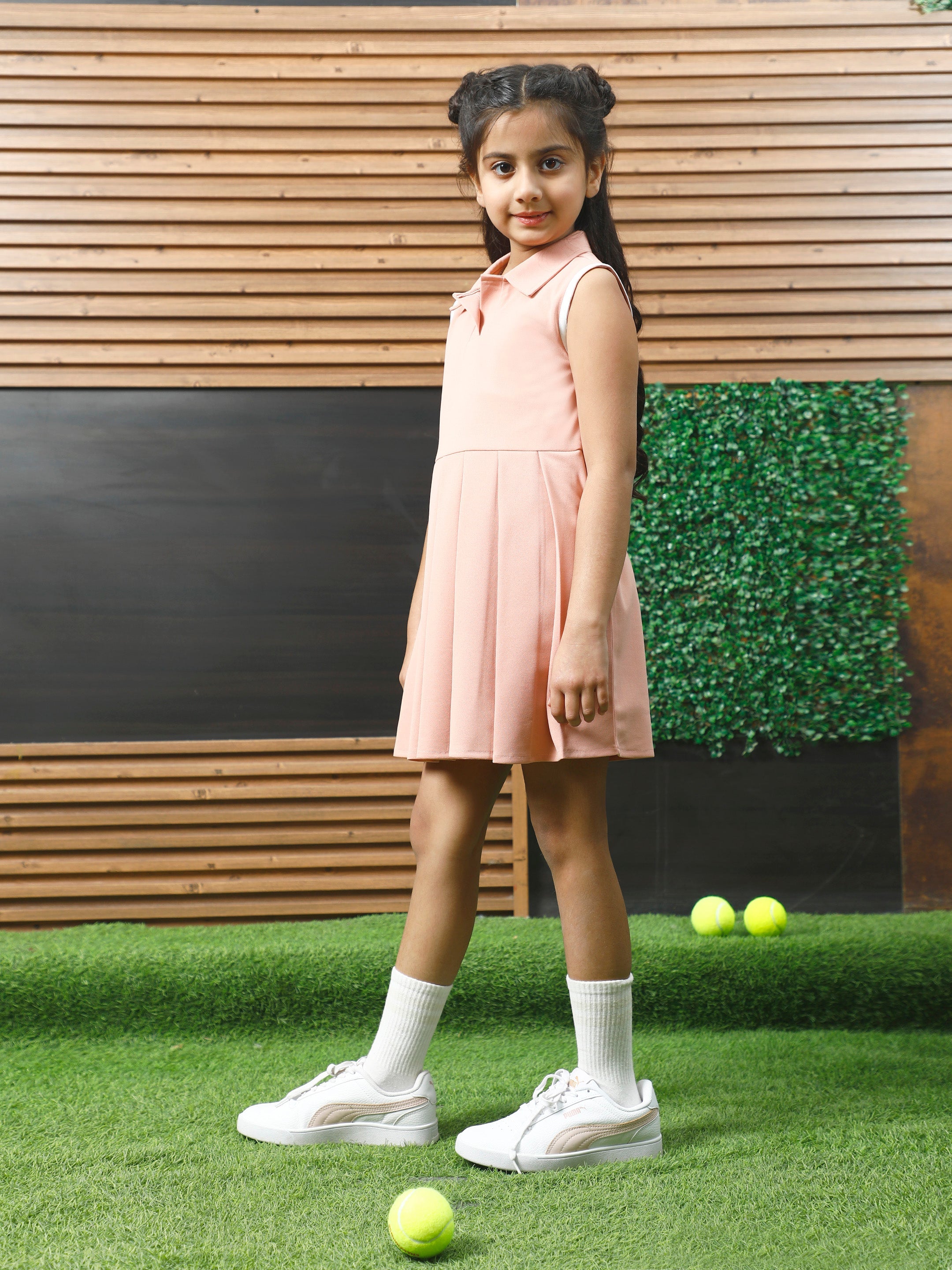 athena peach solid pleated dress