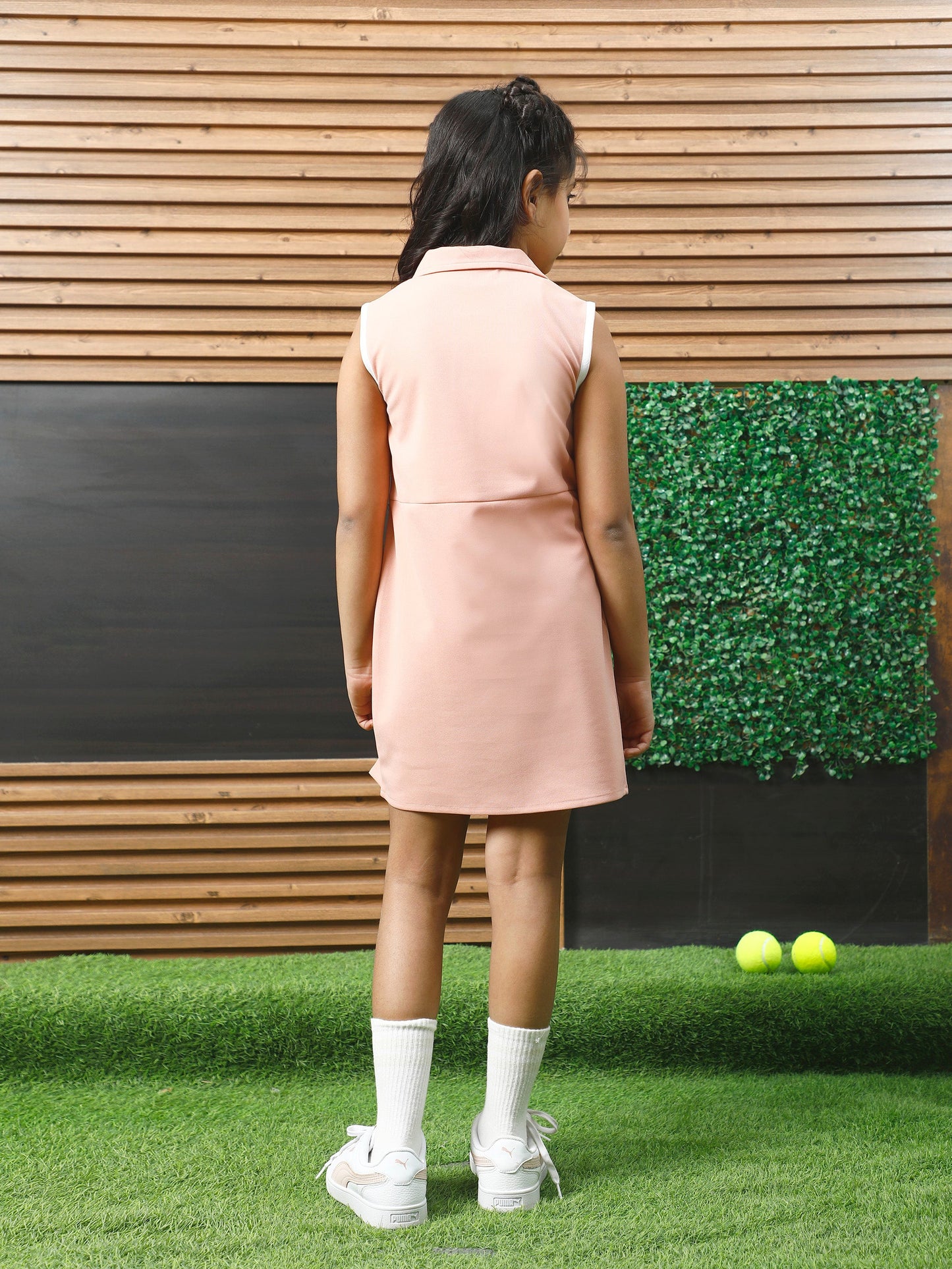 athena peach solid pleated dress