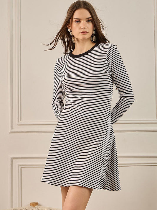 Zummer Black & White Striped Rib Skater Dress
