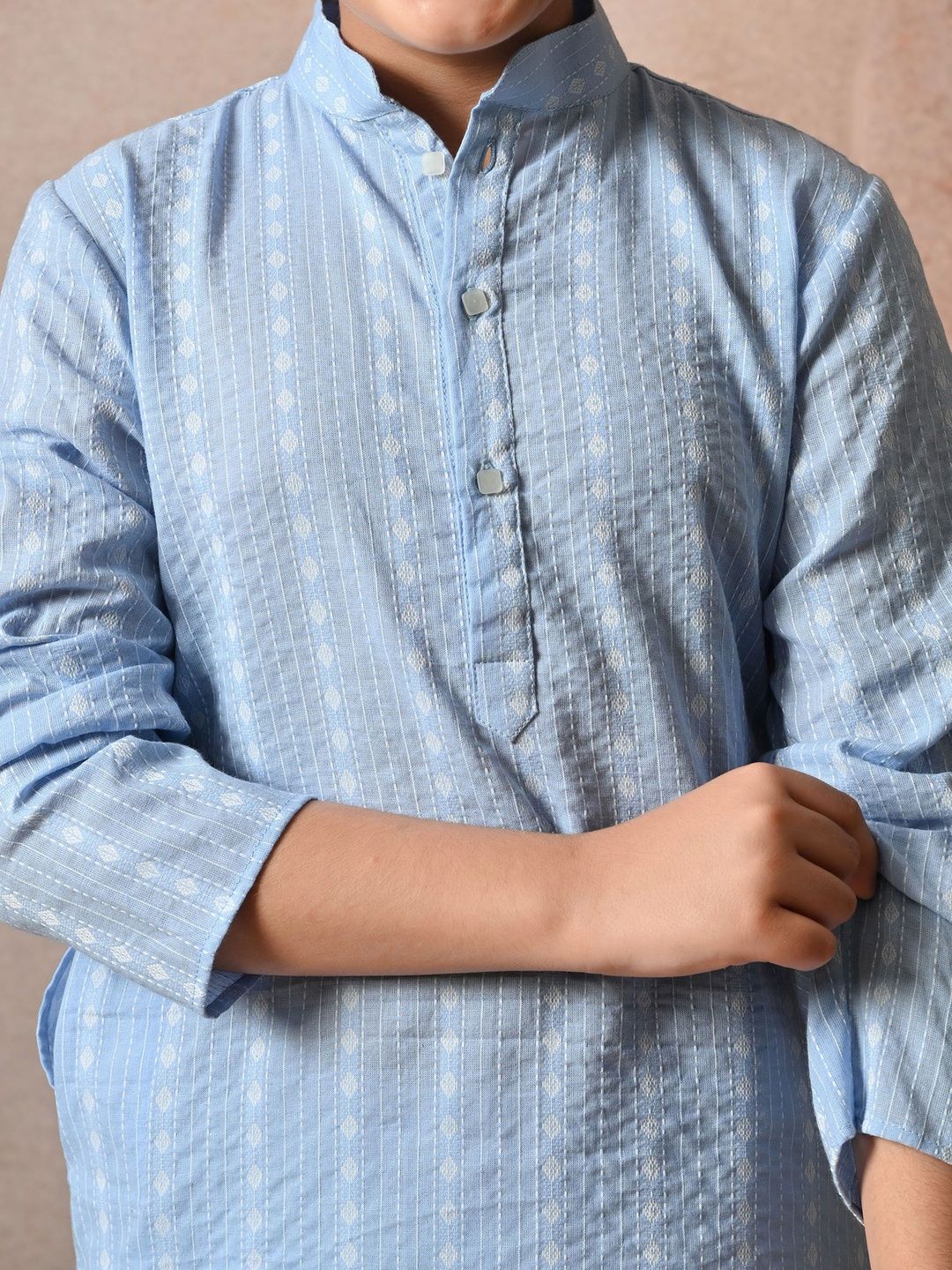 Indi Loom Couture Boys Blue Striped Ethnic Kurta with White Pajama Set ILBKS30