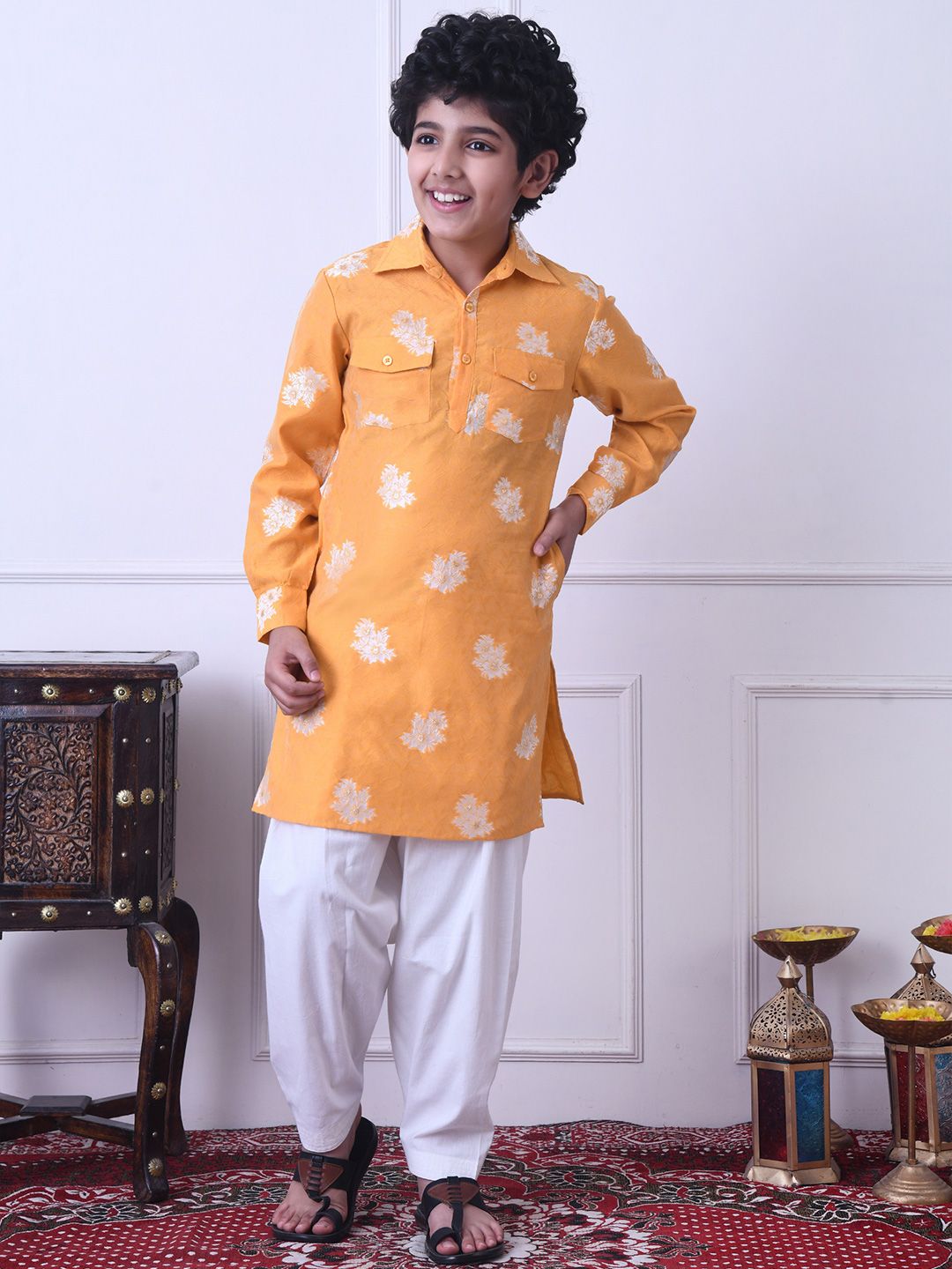 Indi Loom Couture Boys Mustard Yellow Jaquard Kurta with White Salwar Set ILBKS01