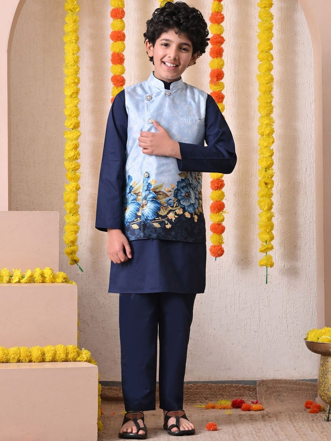 Indi Loom Couture Boys Navy Blue Kurta with Floral Printed Jacket & Pyjama Set ILBKSJ25